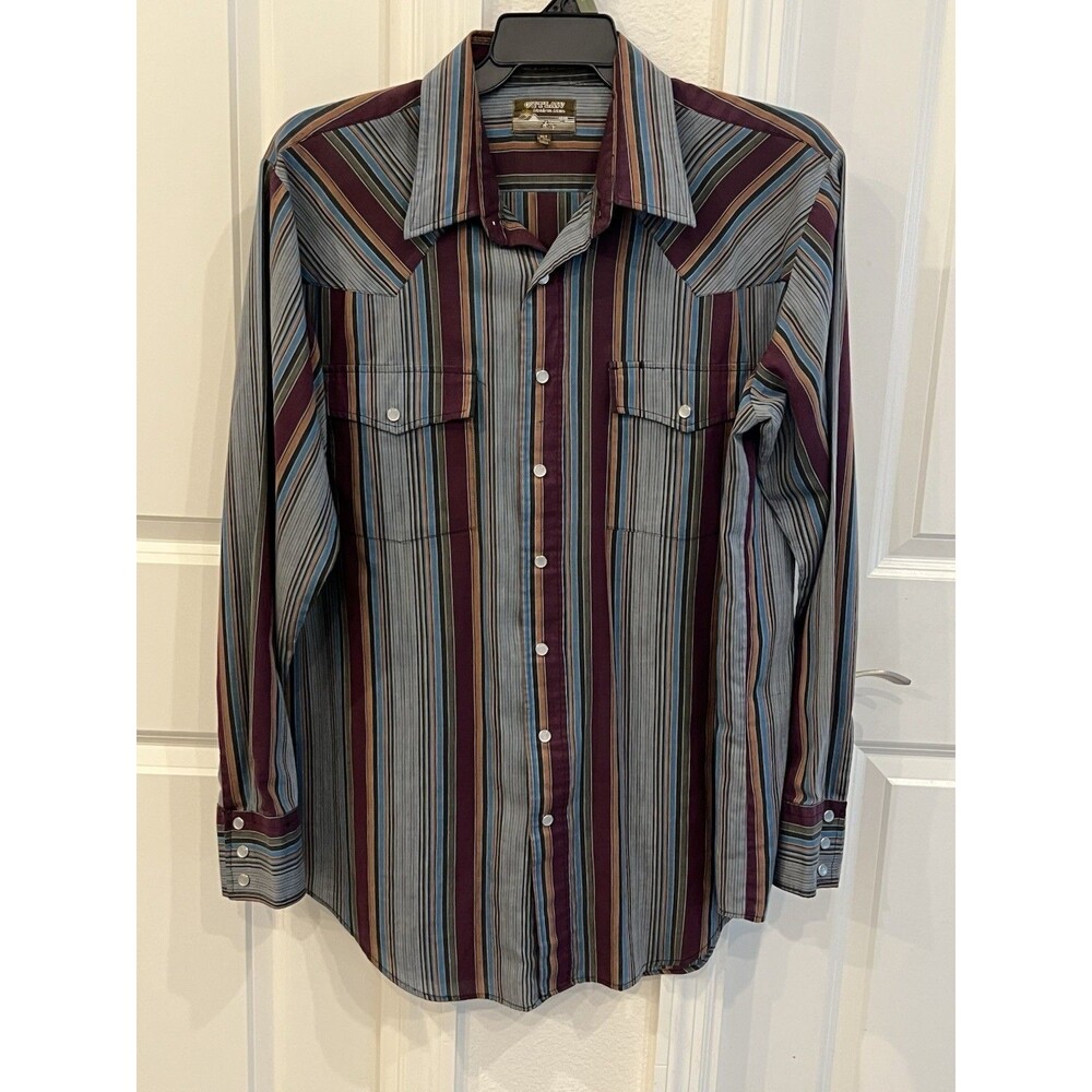 Vintage Outlaw Western Wear Shirt XLT Mens MultiColor Striped Pearl Snap 17-17.5